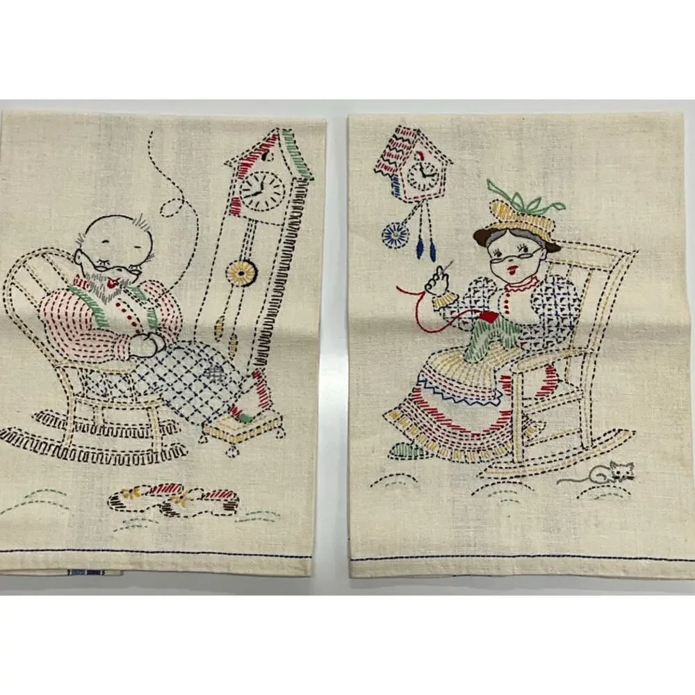 Vintage 2 Handmade Embroidery Kitchen Dish Towels Grandma Grandpa Rock'n NEW - Picture 7 of 7